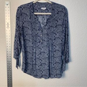 Westport Blue with  paisley button front 3/4 Sleeve Blouse with Tie sleeves.